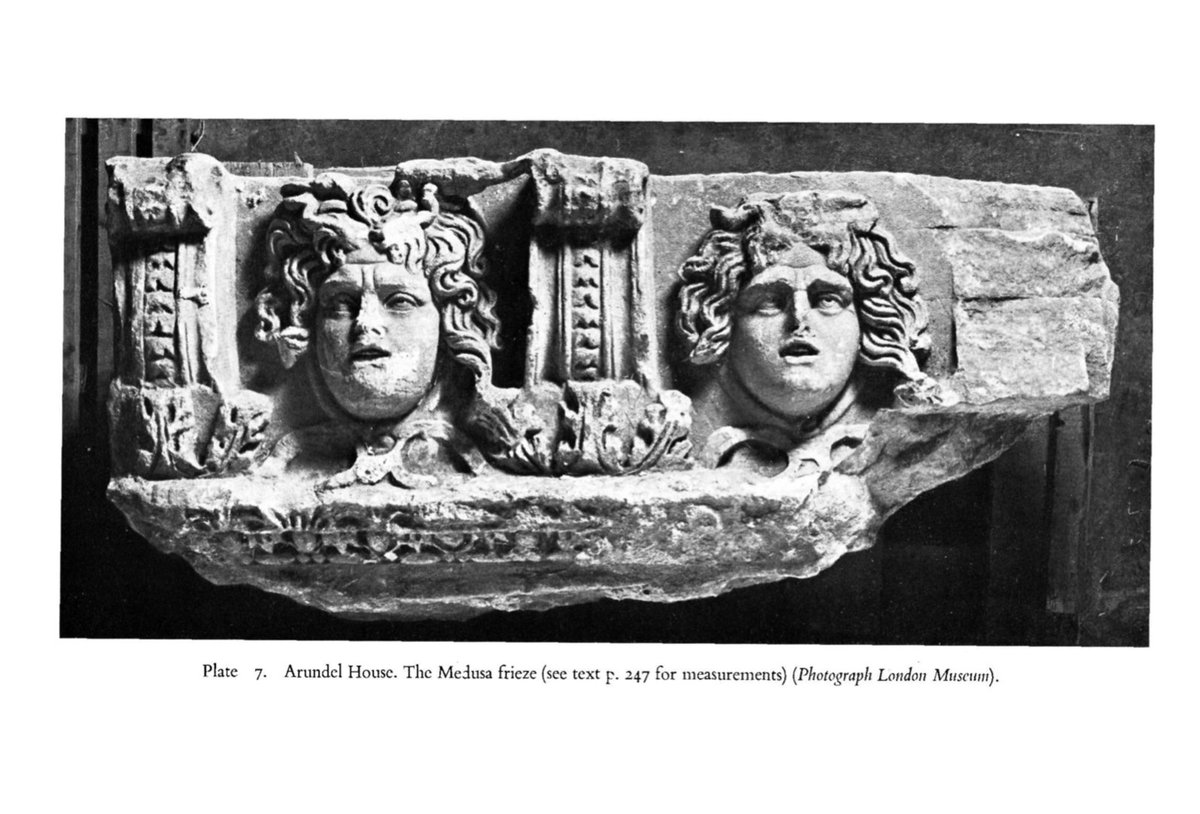 During excavations at the site of Arundel House carried out by  @MuseumofLondon (now  @MOLArchaeology) in 1972, a number of Greek marble sculptures were found to be still present at the site—including this marble frieze with Medusa heads, and sandalled foot  http://www.lamas.org.uk/transactions-archive/Vol%2026.pdf