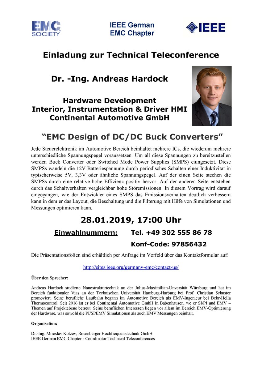 LehrstuhlEMV's tweet image. Einladung zur #TechnicalTeleconference des @IEEEorg German #ElectromagneticCompatibility Chapter der @EMCSociety von Andreas Hardock (Hardware Development Interior, Instrumentation &amp;amp; Driver HMI der @ContiTech) zum &quot;#EMCDesign of DC/DC #BuckConverter|s&quot;
sites.ieee.org/germany-emc/fi…