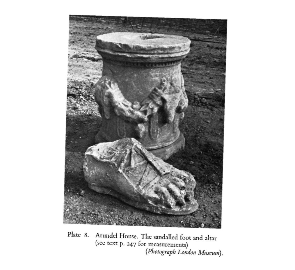 During excavations at the site of Arundel House carried out by  @MuseumofLondon (now  @MOLArchaeology) in 1972, a number of Greek marble sculptures were found to be still present at the site—including this marble frieze with Medusa heads, and sandalled foot  http://www.lamas.org.uk/transactions-archive/Vol%2026.pdf