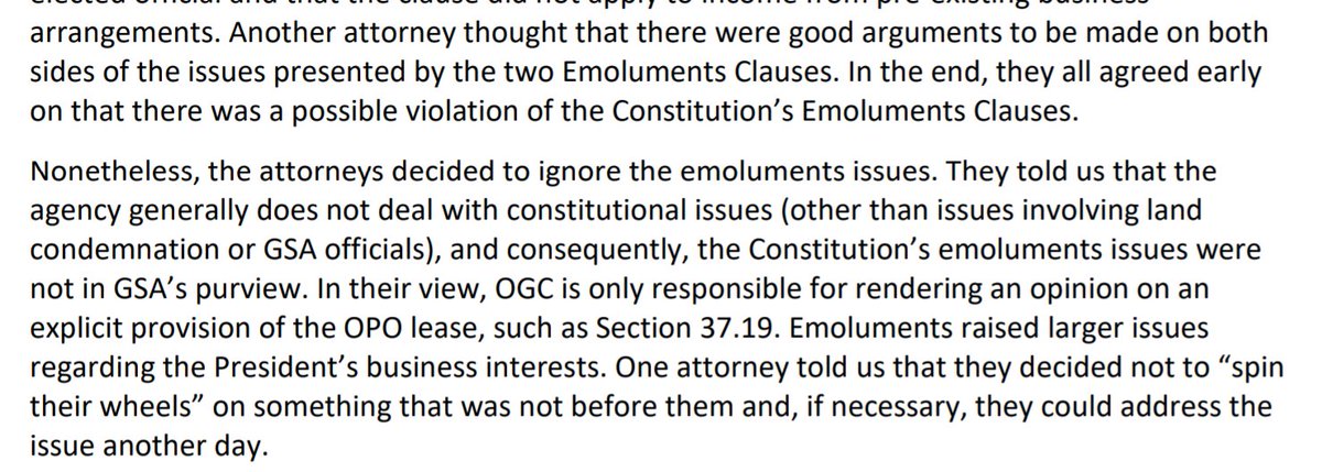 IG: Lawyers for GSA, the agency that's also the landlord for Trump's DC hotel, were aware that it might be unconstitutional for Trump to continue operating it. "Nonetheless, the attorneys decided to ignore the emoluments issue."