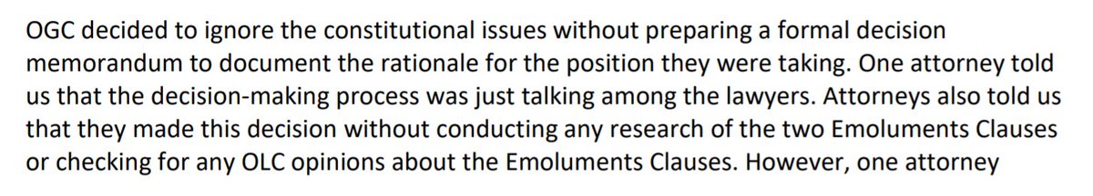 IG: The GSA's lawyers "decided to ignore the constitutional issues" with Trump's ownership of his DC hotel. "They made this decision without conducting any research of the two Emoluments Clauses or checking for any OLC opinions."
