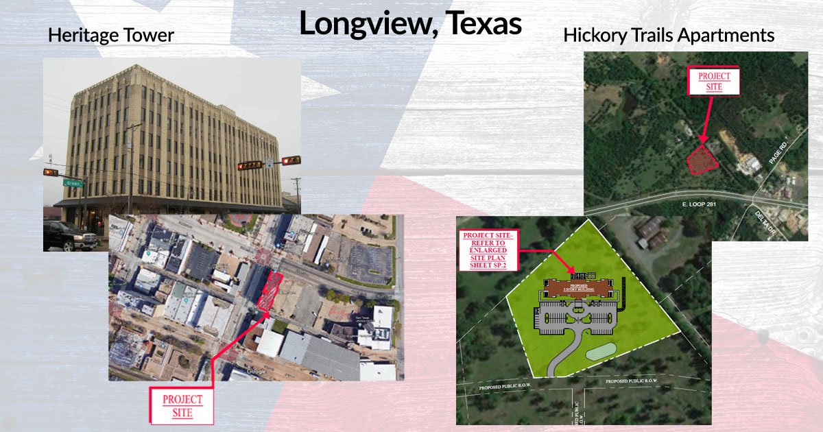 FourCornersDev's tweet photo. Four Corners Development is proud to announce two developments funded by TDHCA located in Longview, Texas. The construction will begin soon on Heritage Tower and Hickory Trails Apartments in Longview, TX. #HistoricalRehab #AdaptiveReuse #SeniorLiving https://t.co/DZBNi3WM3T https://t.co/m7nMhuFuAa