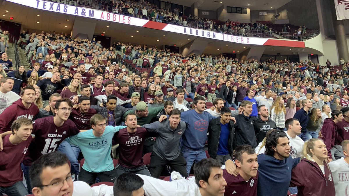 12thMan's tweet photo. The #12thMan having some fun in Reed tonight yelling on @aggiembk 👍

#GigEm https://t.co/p2gLLrtvAG