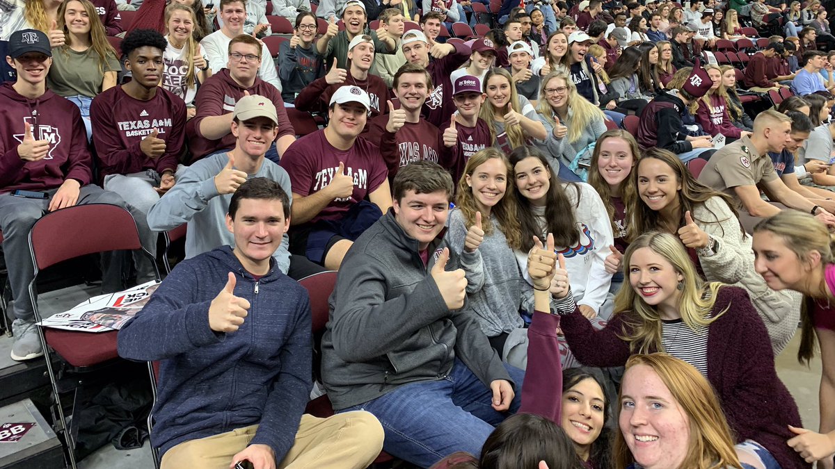 12thMan's tweet photo. The #12thMan having some fun in Reed tonight yelling on @aggiembk 👍

#GigEm https://t.co/p2gLLrtvAG