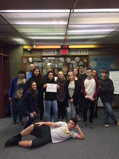Mr. Phillip's 9th grade advisory class is recognized with a 1st place award in the All For Books Challenge.  They celebrated with ice cream sundaes. The challenge raised funds for national organizations for kids in need #allforbooks