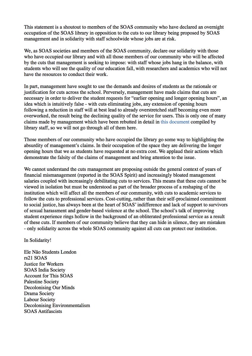AcctForThisSOAS's tweet image. In solidarity with #SaveSOASLibrary & the ongoing occupation of #SOASLibrary! Cost-cutting is also at the heart of @SOAS' indifference & lack of support to survivors of GBV on campus.
Read our statement with other campaigns & societies below:
#SOAS #WeAreSOAS #LibraryCuts