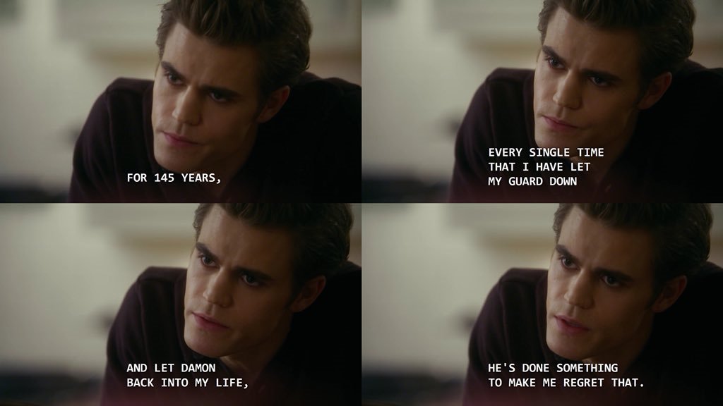 Stefan constantly insinuated that HE was the one to let damon back into HIS life which is not true. 3/4 flashbacks where defan are vampires shows that it was stefan who would seek after damon and want to be let back into damon's life, not the other way around. 1912 flashback.