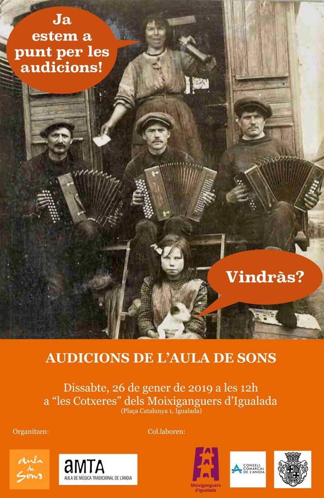Ja tenim aquí les audicions de gralla, timbal i acordió diatònic! 

Us esperem el dia 26 de gener a les 12h a les Cotxeres dels <a href="/moixiganguers/">Moixiganguers d'Igd</a> d’Igualada.

No hi falteu!

<a href="/culturaigualada/">CULTURA IGUALADA</a> <a href="/AuladeSons/">Aula de Sons</a>

#gralla #timbal #acordiódiatònic #culturapopular
