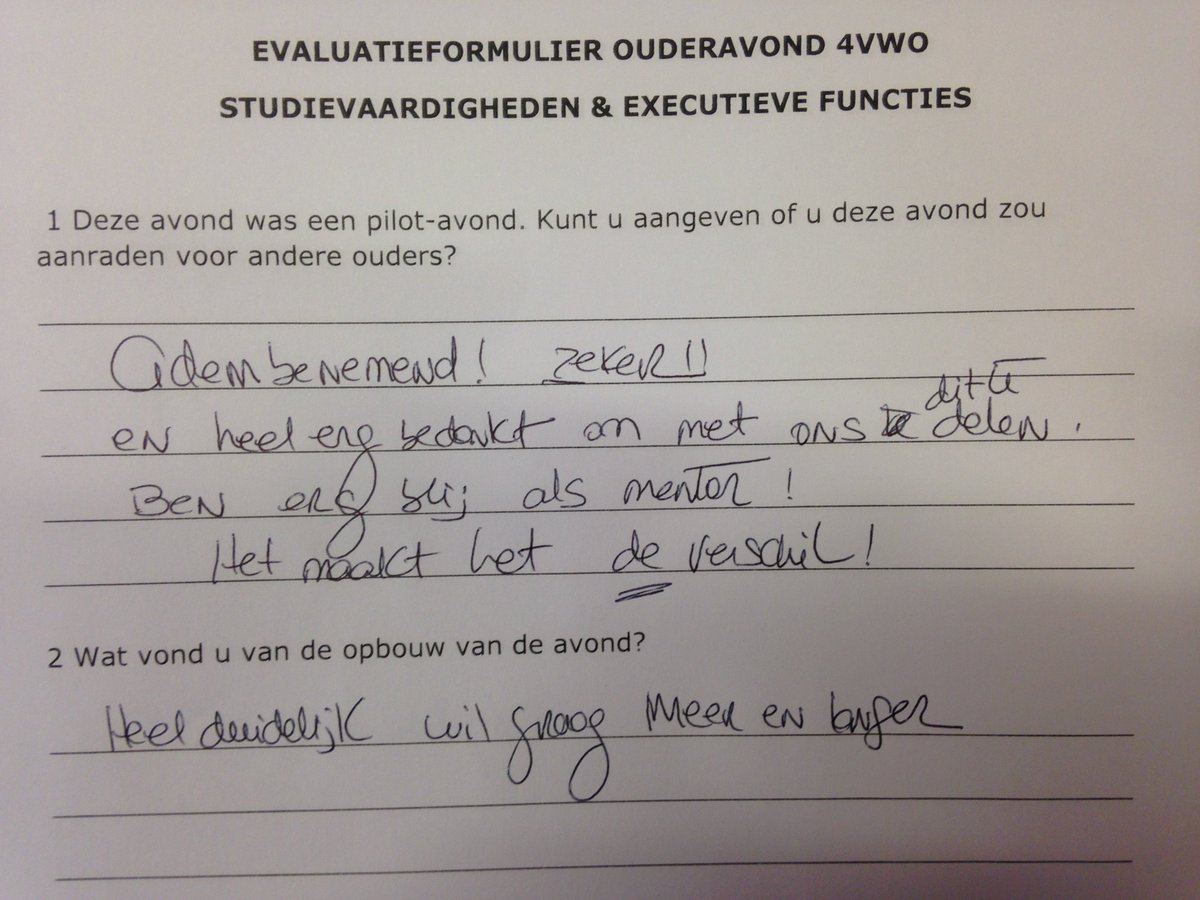 Erg voldaan na het geven van speciale ouderavond over studievaardigheden en het analyseren van de visuele tool van de executieve functies van mijn lln. Zelfs oma kwam mee om kleinzoon beter te kunnen helpen! Voor visuele tool zie: ondt.nu #prachtberoep