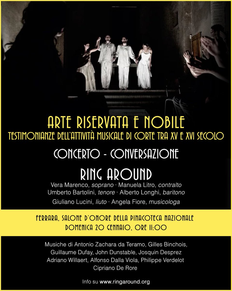 RingQuartet's tweet photo. "Arte riservata e nobile. Testimonianze dell’attività musicale di corte tra XV e XVI secolo": il @RingQuartet in #concerto - conversazione al Salone d'Onore della Pinacoteca Nazionale di #Ferrara domenica 20 gennaio

▶️ INFO E BIGLIETTI: https://t.co/FA1JPWR8qy

#visitferrara https://t.co/GVeVW2uwKE