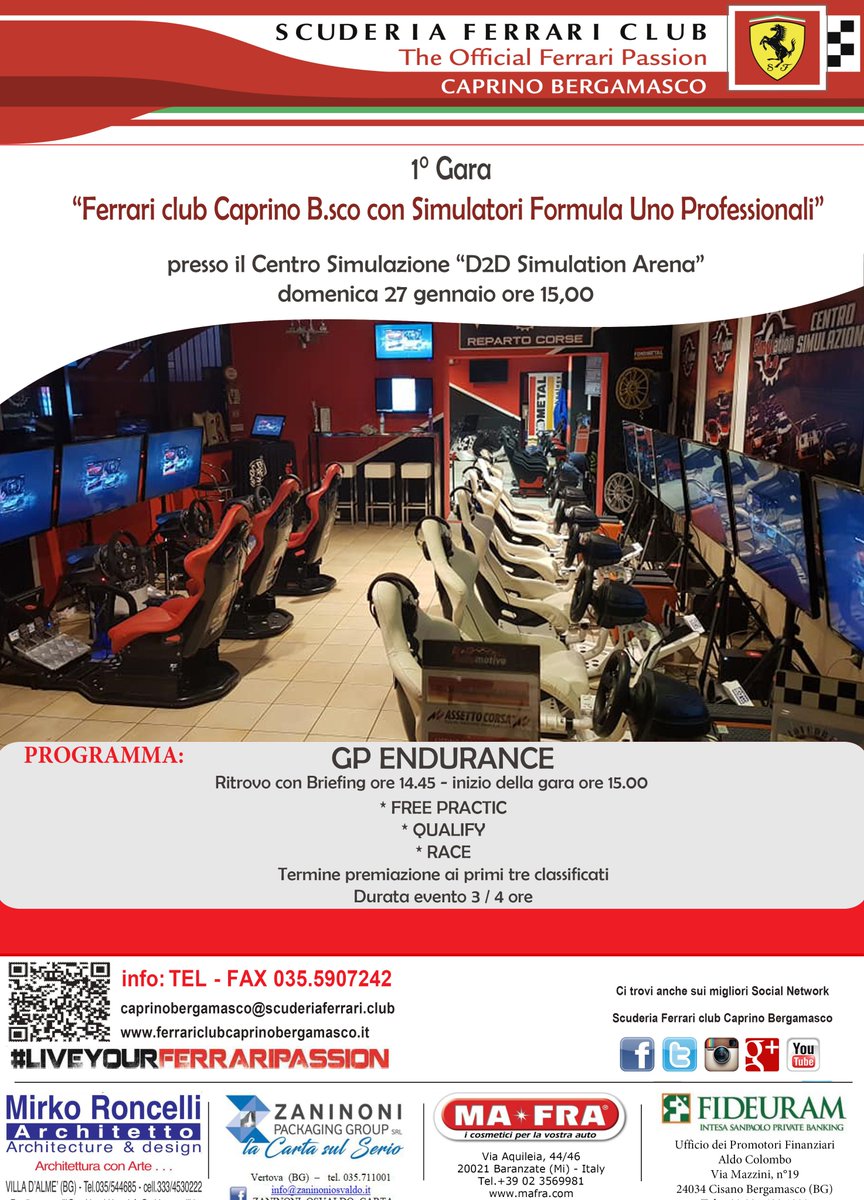 SFCcaprinobg's tweet photo. 1a Gara Ferrari club Caprino B.sco con Simulatori Formula Uno Professionali” presso il Centro Simulazione #D2DSimulation Arena https://t.co/Fm6tuZ4Ccz