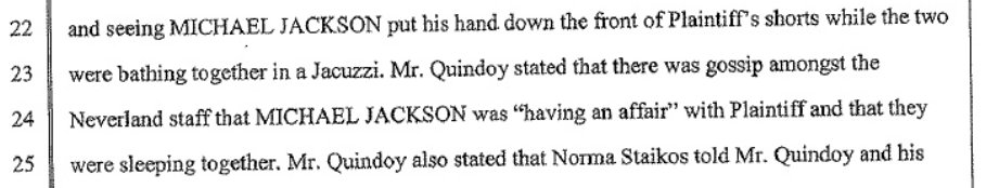 In Safechuck's lawsuit it's Mariano Quindoy who says "there was gossip among the staff" and they thought they were "having an affair"Basically the same idea, only the names are different.