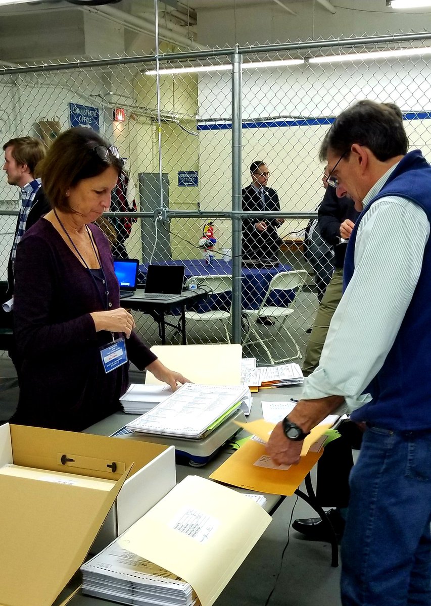Staff using the ballot weighing method as part of 4 tested ballot retrieval methods as part of our Risk-Limiting Audit Pilot being conducted today. #RIRLA