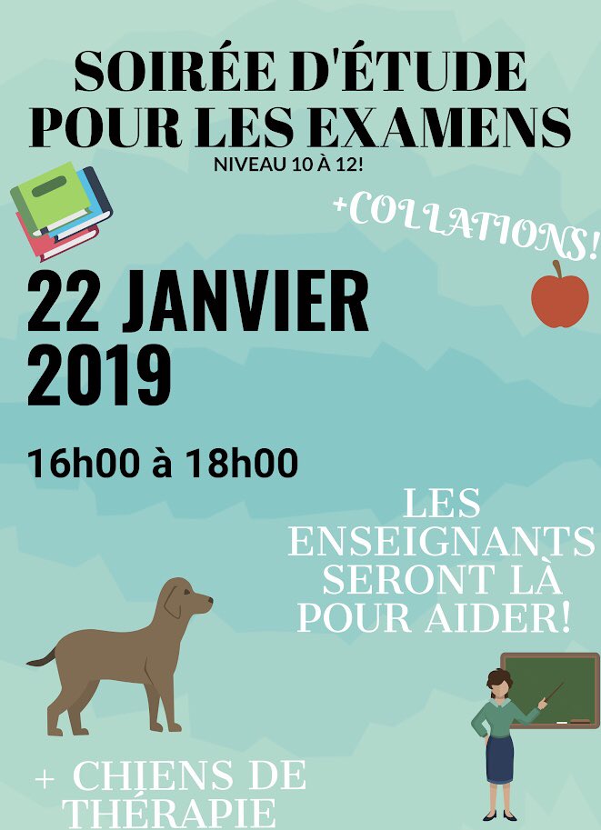 Hey cougars! Venez à notre soirée d’étude mardi prochain! C’est une excellent opportunité pour étudier en dehors de l’école et d’avoir l’aide de tes enseignants! Il y aura plein de collations et... DES CHIENS DE THÉRAPIE! Ne manquez pas cette chance!