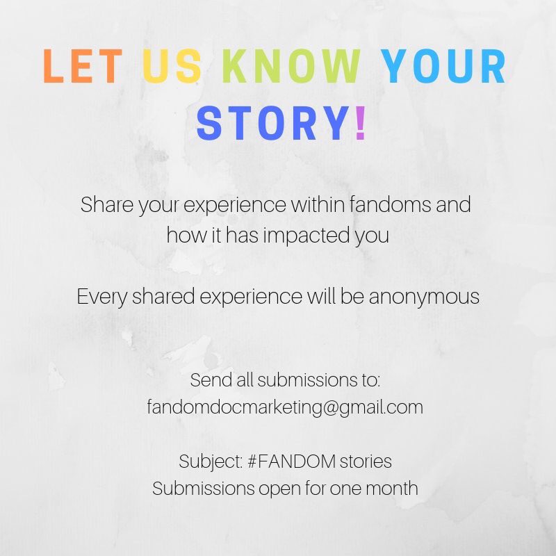 Fandom_Doc's tweet image. Please take part in this journey! For the next month we want you all to fill our inboxes with your stories! We want to post them on our page once a week for #fandomfridays. Your stories and experiences matters, let us hear it! #FANDOMdoc #earpers #fandom #shareyourstory ❤️💛💚💙