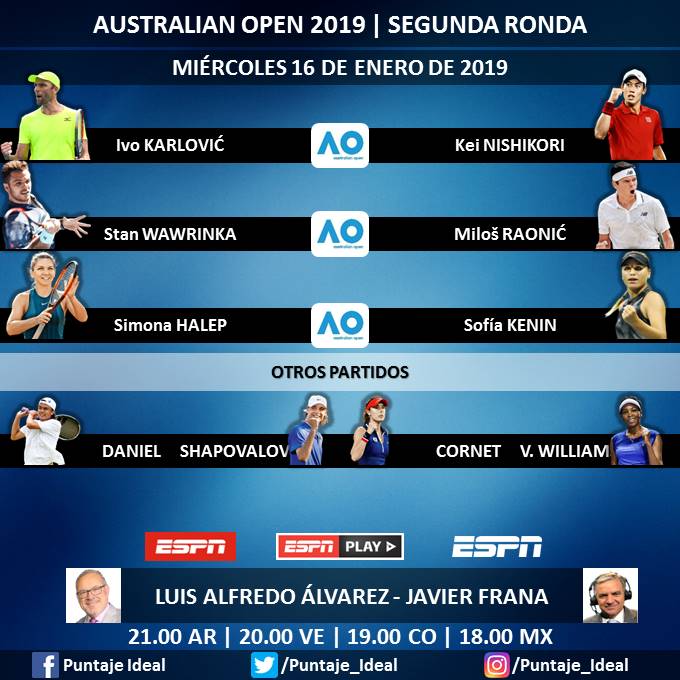 🎾 #AUSTRALIAxESPN
▶ Día 4 - Segunda Ronda (1er Turno)
🎙 @LuisAlvarez_1
🎙 @javifranatenis
🎙 @nicolaspereira
📺 #ESPN Latinoamérica
🖥 @ESPNPLAY
Dale RT 🔃