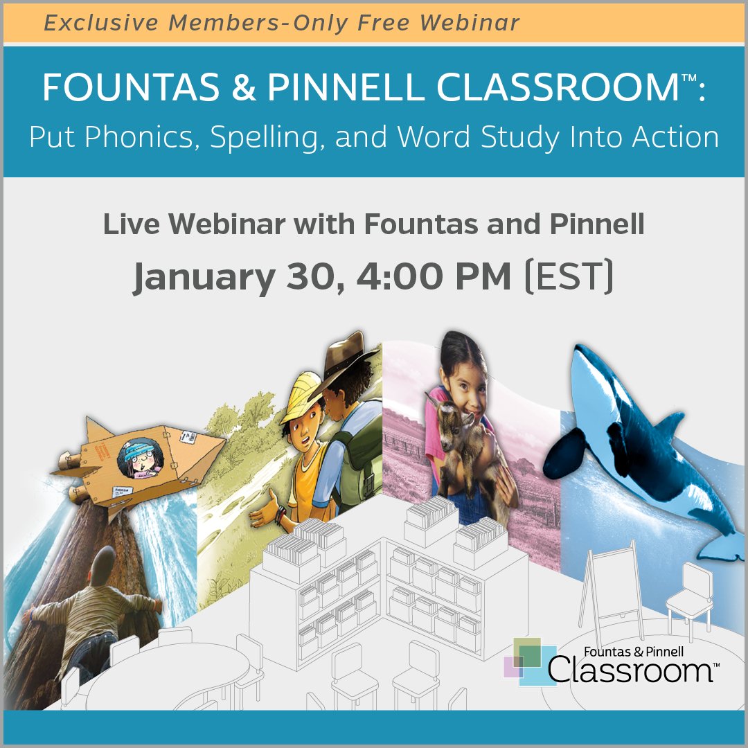 Save the date! Join us for the next webinar in our Fountas &amp; Pinnell Classroom™ series: Put Phonics, Spelling, and Word Study Into Action! Hosted by Irene C. Fountas and Gay Su Pinnell. Register now! hubs.ly/H0gcgx50 #FPLiteracy #fountasandpinnell