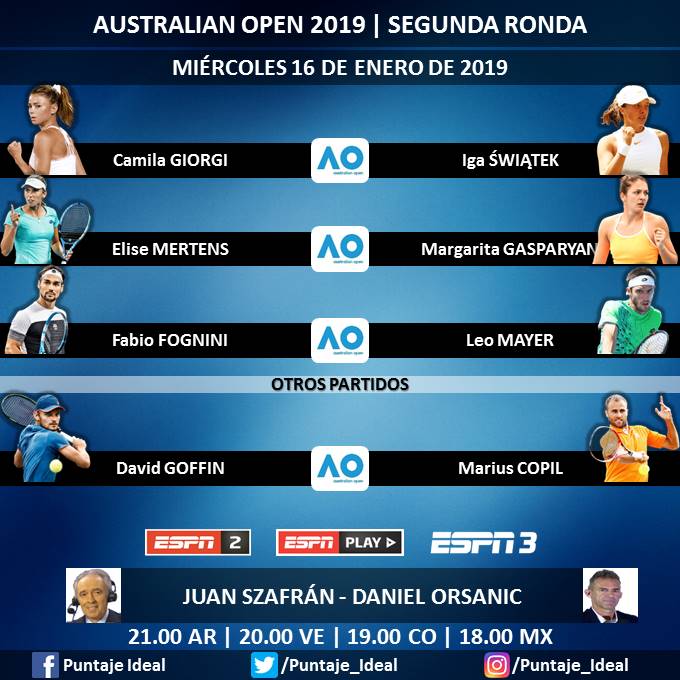 🎾 #AUSTRALIAxESPN
▶ Día 4 - Segunda Ronda (1er Turno)
🎙 Juan Szafrán
🎙 Daniel Orsanic
📺 #ESPN 2 Sudamérica
📺 #ESPN 3 México, Centroamérica y Rep. Dominicana (Hasta comienzo #CopaMX)
🖥 @ESPNPLAY
Dale RT 🔃
