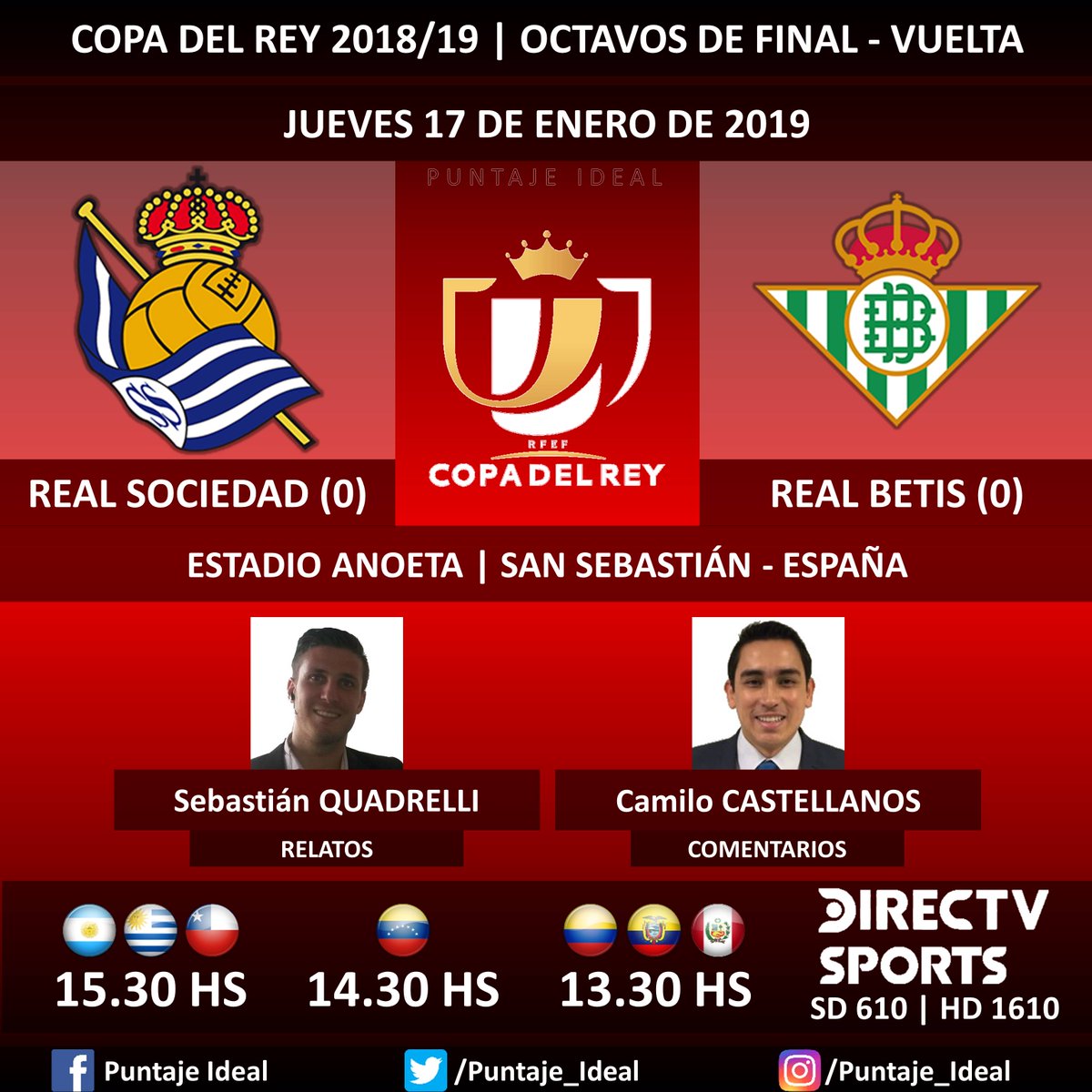 ⚽ #FútbolEnDIRECTV | #RealSociedad vs. #RealBetis
🎙 Relatos: @haasenico
🎙 Comentarios: @SebasDecker
📺 TV: @DIRECTVSports Sudamérica (610 - 1610 HD) - #Torneos
🤳 #SoySportista - #CopaDelRey 🇪🇸 - #RealSociedadRealBetis
Dale RT 🔃