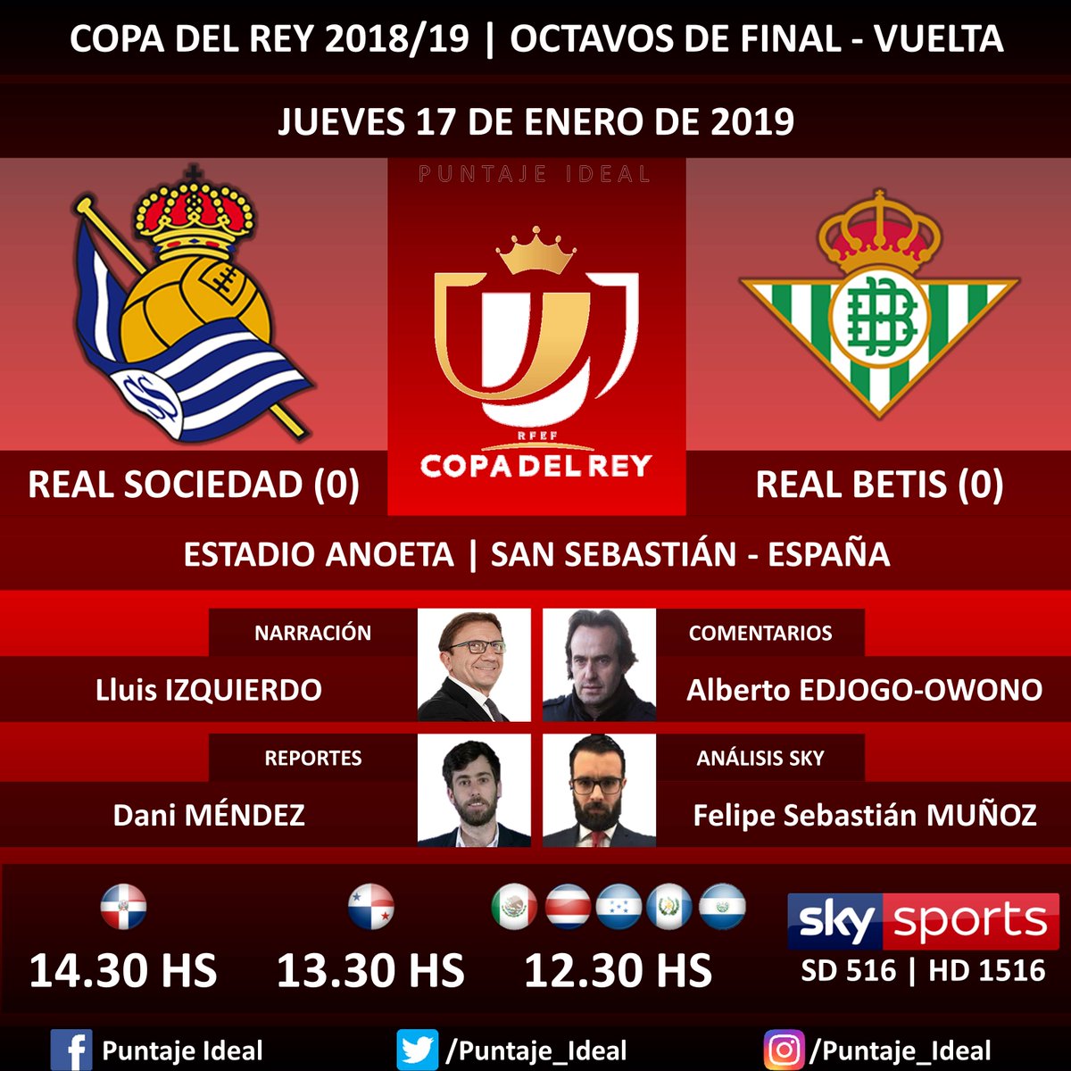 ⚽ #FútbolPorSKY | #RealSociedad vs. #RealBetis
🎙 Narración: @lluisizquierdo
🎙 Comentarios: Miquel Soler
🎙 Reportes: @Danimendez7
🎙 Análisis SKY Sports: @fpesebastian
📺 TV: #SKYSports (516 - 1516 HD)
🤳 @futbolporsky - #CopaDelRey 🇪🇸 - #RealSociedadRealBetis
Dale RT 🔃