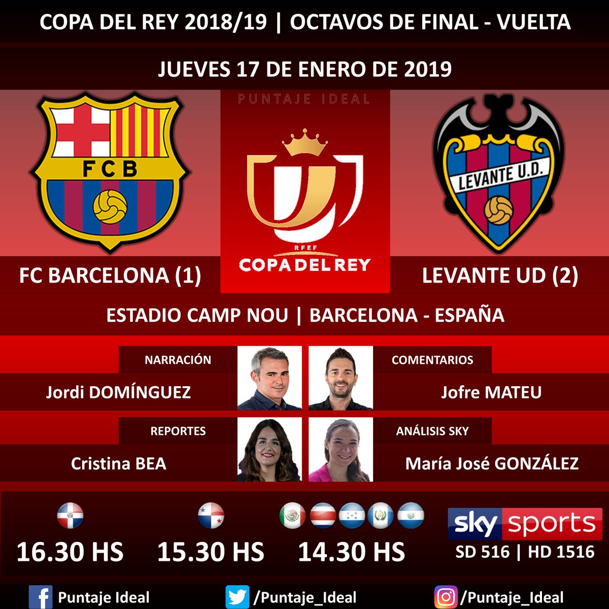 ⚽ #FútbolPorSKY | #FCBarcelona vs. #LevanteUD
🎙 Narración: @jdominguezfd
🎙 Comentarios: @JofreM11
🎙 Reportes: @_cristinabea
🎙 Análisis SKY Sports: @MajolaB
📺 TV: #SKYSports (516 - 1516 HD)
🤳 @futbolporsky - #CopaDelRey 🇪🇸 - #BarçaLevante
Dale RT 🔃