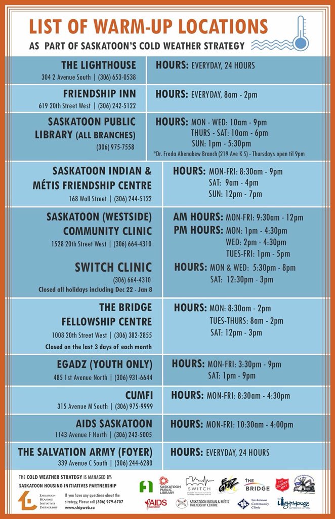 There are some chilly temperatures expected over the next week! Let’s look out for one another #yxe - Spread the warmth by sharing this list with those who may be in need of a safe place to warm-up: