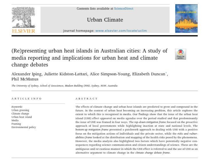 Our article '(Re)presenting #urbanheatislands in Aus cities: A study of media reporting and implications for urban heat & #climatechange debates' has been published in Urban Climate. My first!! All the credit goes to @WasteLizard @Phil_McMan, Alex & Jules sciencedirect.com/science/articl…