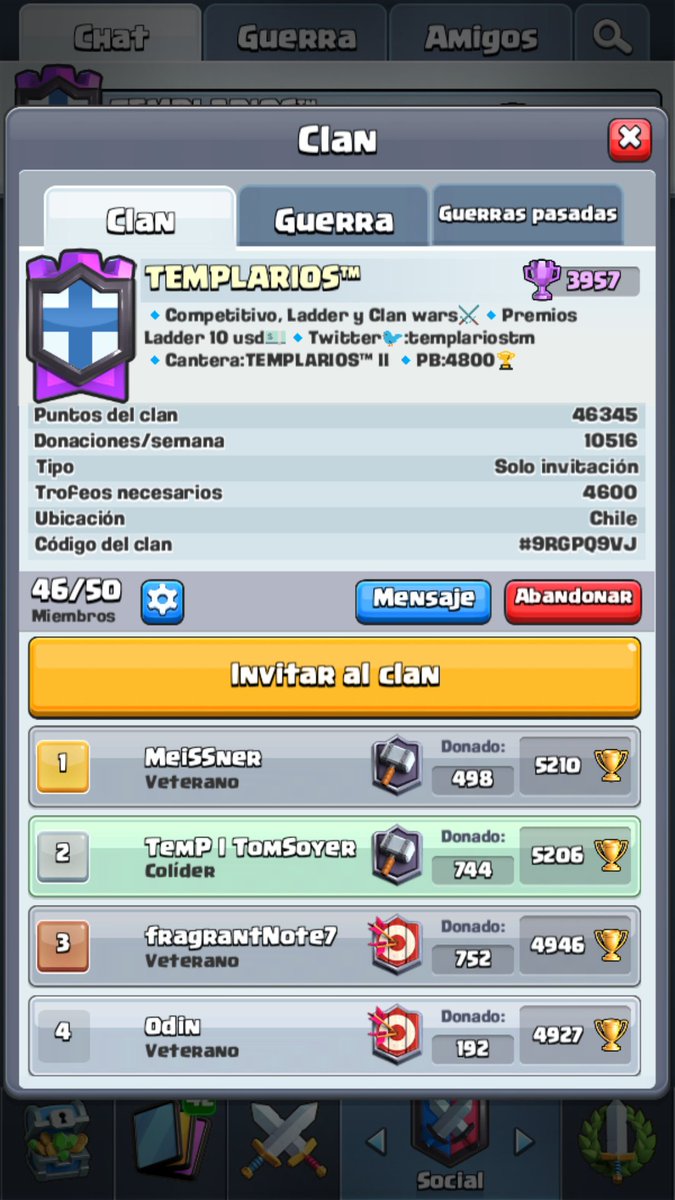 Estamos activos!!!! 
◾ Buscamos gente activa en lader (récord sobre 4600🏆l
◽Gente Activa en Clan Wars (Sobre 55 win 🎖️)
◾PRÓXIMAMENTE RETOMAMOS EL COMPETITIVO

AL primer lugar en lader se paga 1200 gemas