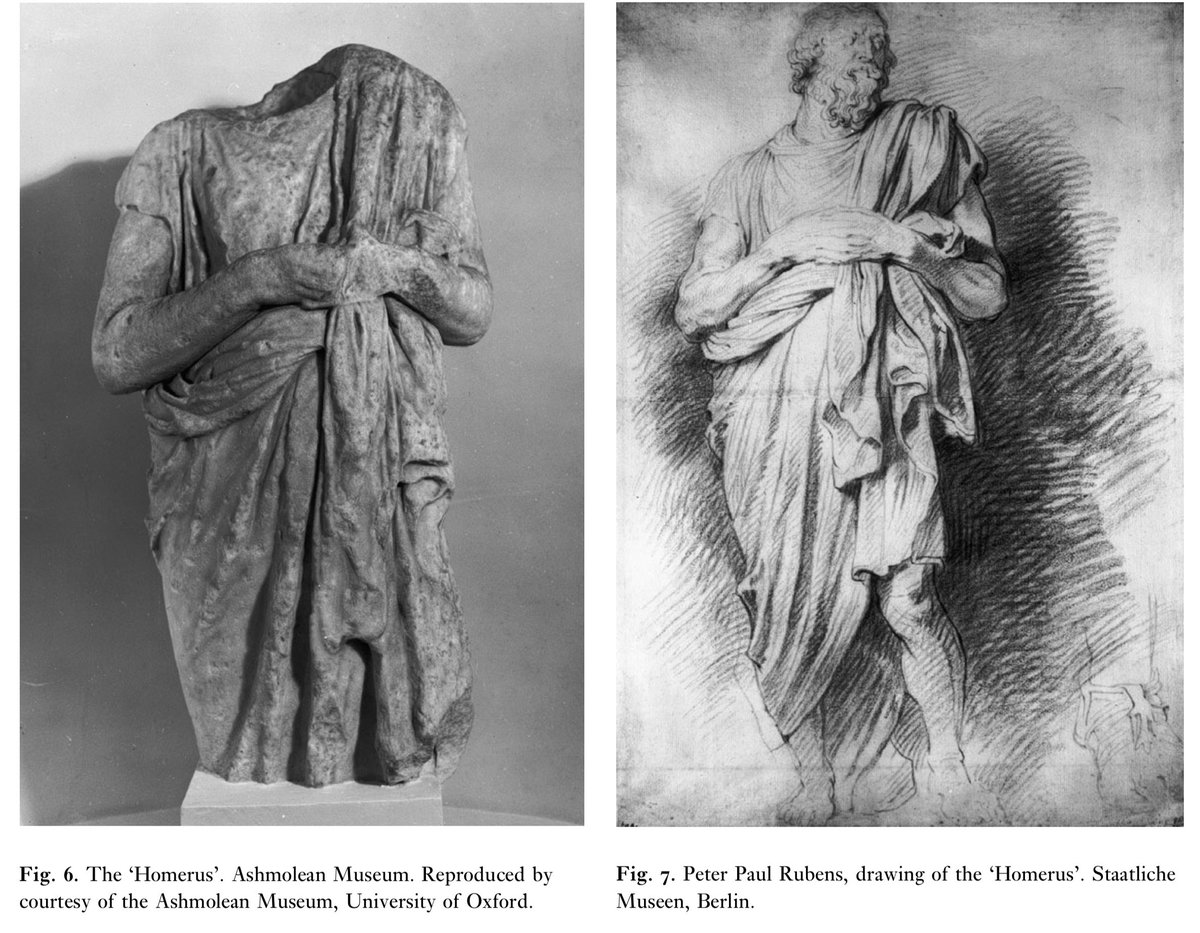 The double-historicity seen in the excavation of ancient Greek statuary in post-medieval London demolition layers is present in other juxtapositions, eg the Ashmolean 'Homerus' marble and the Rubens drawing based on it (drawn when it was still in Italy, from Angelicoussis 2004).