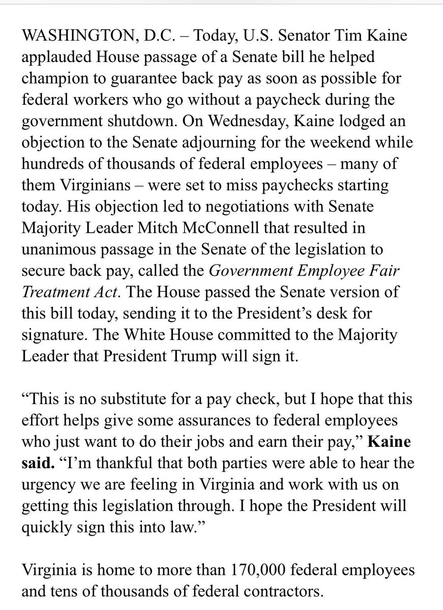 NewsNetNews's tweet image. #GovermentShutdown ICYMI via @timkaine - @POTUS Trump signed the “Government Employee Fair Treatment Act” S24 bill that Kaine got passed to guarantee #BackPay for federal employees after the shutdown.