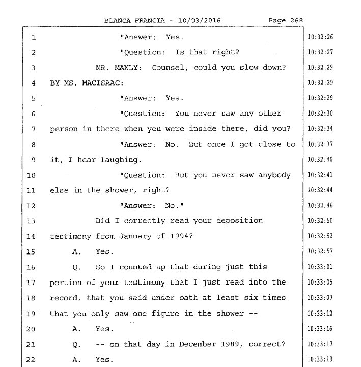 Here's her 1994 deposition where she repeatedly denies she ever saw Jackson with a boy in the shower.