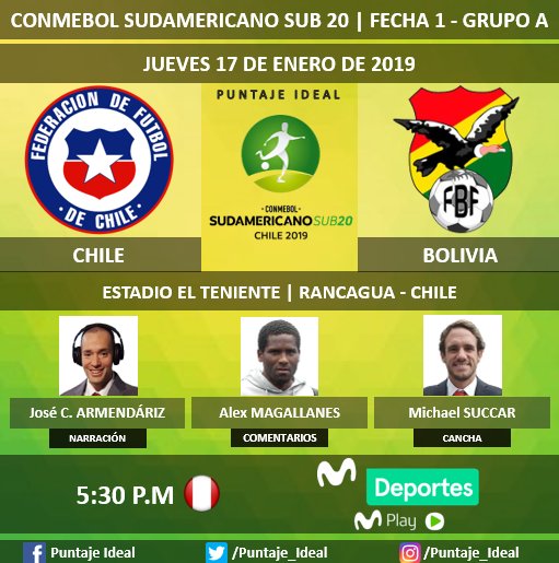 ⚽️#SudamericanoSub20| 🇨🇱#Chile vs. #Bolivia 🇧🇴
🎙 Narración: @ElDarizPe
🎙 Comentarios: Alex Magallanes
⛳ Campo de Juego: @MSUCCAR
📺 @MovistarDeporPe
📱 #MovistarPlay
🤳 @Sub20Chile2019
Dale RT 🔃