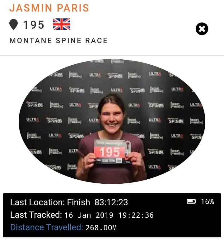 Absolutely awesome effort by Jasmin Paris who has just won #montanespinerace outright AND taken over 12 hrs off the overall record. 83hrs 12 mins for 268miles in winter is absolutely astounding, doubly so with a proper job, a 14month old baby &amp; stopping to express milk
GO JASMIN!