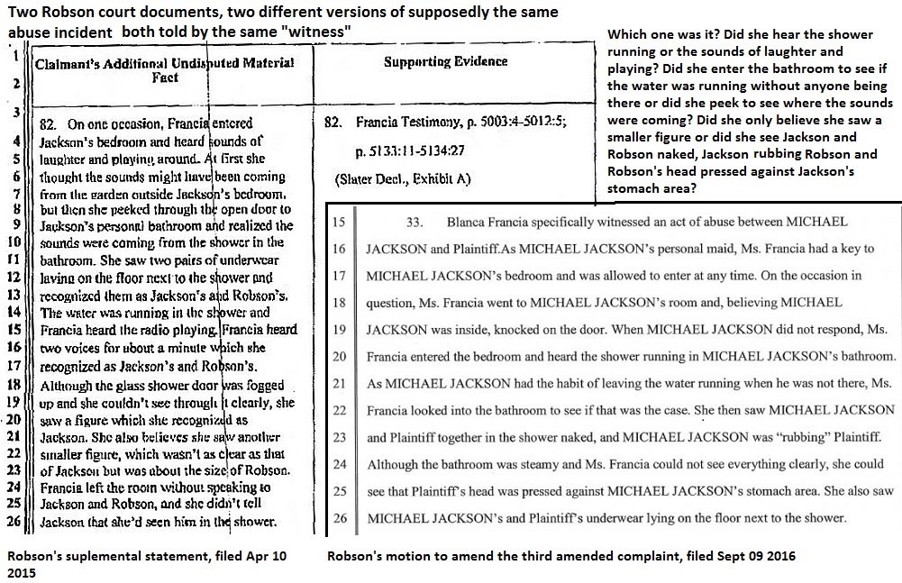 But to the tabloids media and the court in 2005 he said she saw Jackson and Wade Robson in the shower and of course their underwear on the floor. Robson manages to submit two contradictory versions of Francia's shower story but both feature underwear on the floor.