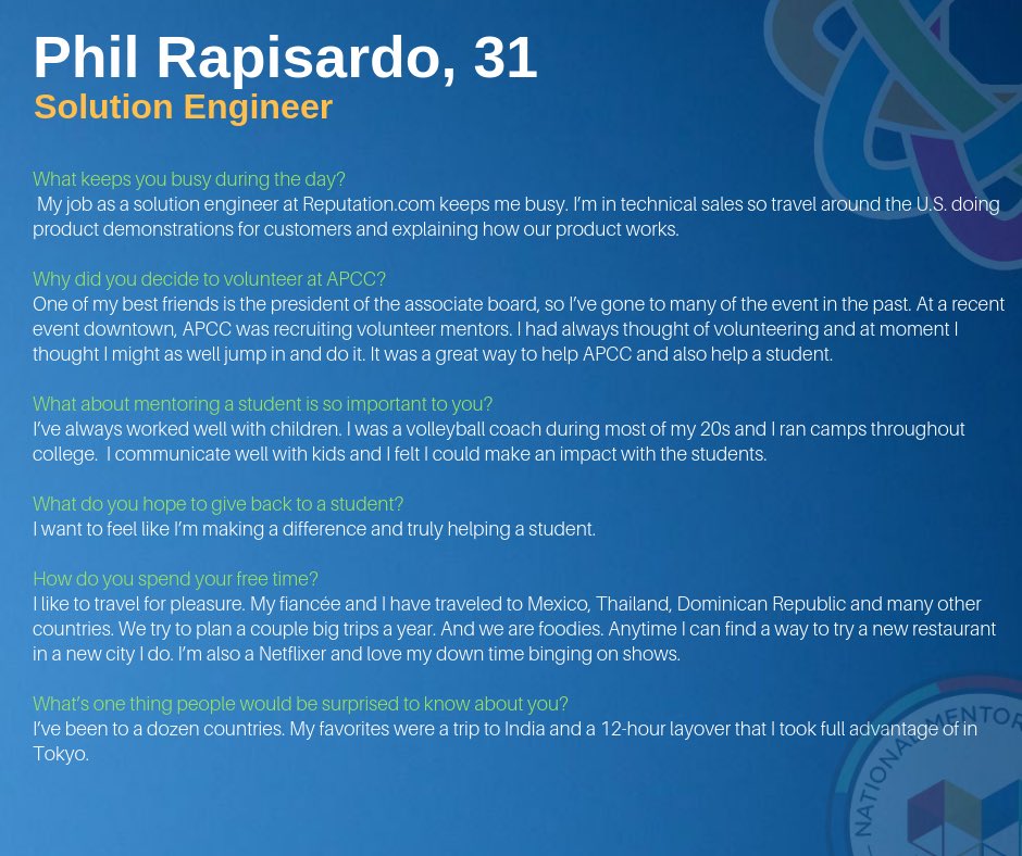 apccchgo's tweet image. A study by @BBBSLA found that after 18 months of counseling youth were less likely to use drugs, alcohol, skip school and get involved in violence. Mentors like Phil Rapisardo in our Volta Elementary Mentoring Program are working hard to support our neighborhood youth.