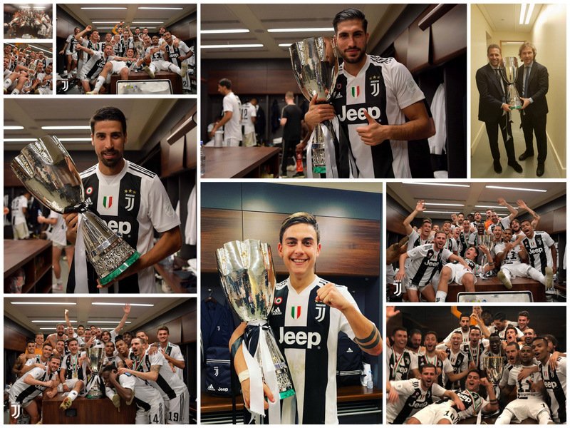 #Supercoppa #JuveMilan (1-0) ⚪⚫🔴⚫: 📸 Las mejores fotos de los festejos con la #Supercoppaitaliana 🏆🥇🇮🇹 en el vestuario. ⬇
#SuperJuve 👏👏🖤🦓
