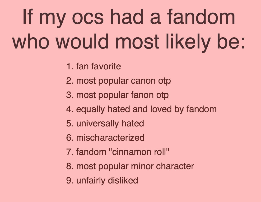 sometimes I like to think about a hypothetical situation where my ocs were super popular and had it's own fanbase...ngl it actually makes me content with my tiny amount of followers haha but it's still fun to think about ! feel free to answer these yourselves.