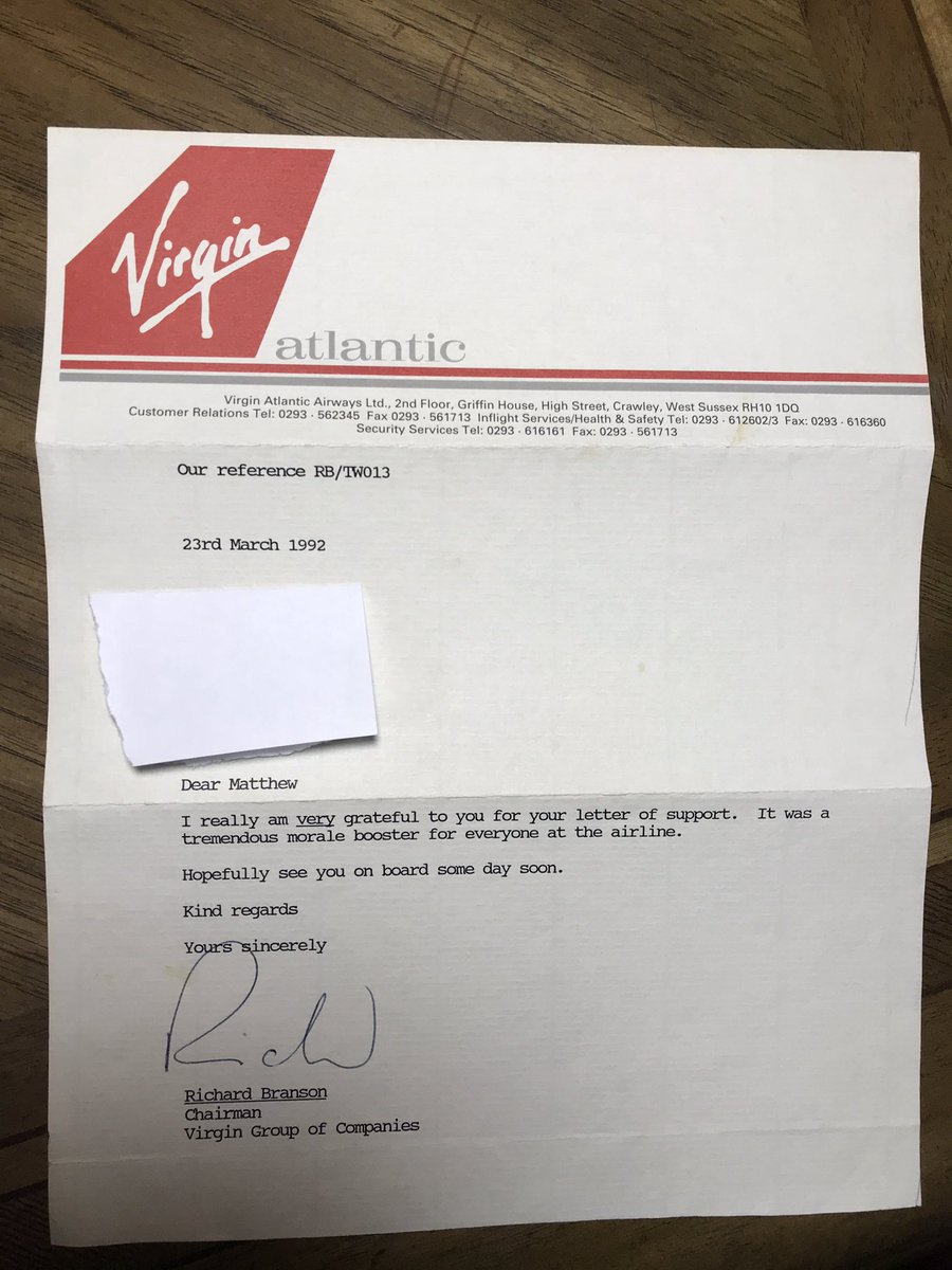 mattp156's tweet photo. Funny the things you find when your looking back thru memory boxes... I still remember writing the letter at 18... during BA dirty tricks campaign against Virgin - and being so excited to get a personal reply from @richardbranson https://t.co/pJL9pMBZOr