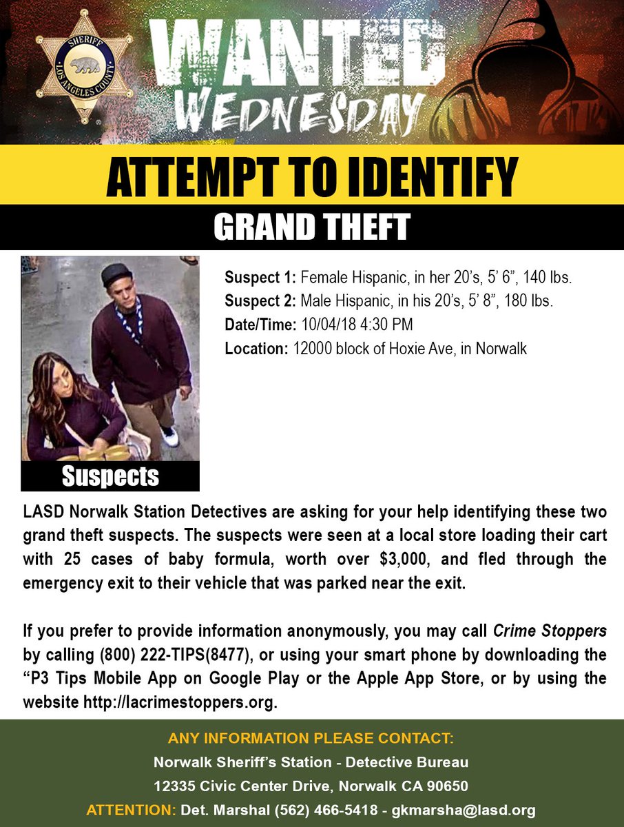 Scv Sheriff Lasd Wantedwednesday Please Help Us Identify Locate These 2 Grand Theft Suspects From Norwalk 25 Cases Of Baby Formula Stolen Worth Over 3k Call Anonymously 800 222 8477 Or Norwalklasd 562 466 5418 T Co hrpmjwui