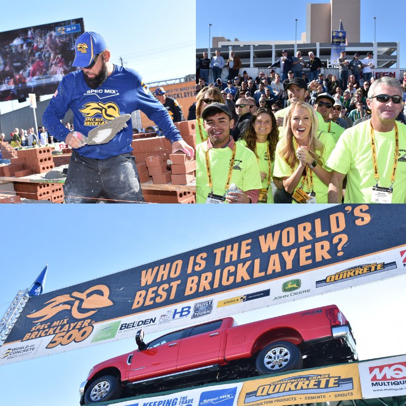 WorldofConcrete's tweet photo. Known as the Super Bowl of Masonry, “Who is the World’s Best Bricklayer?” Celebrate its 17th annual SPEC MIX BRICKLAYER 500® competition is the World of Concrete most exciting attraction you don’t want to miss! Make sure to stop by the Bronze Lot next week to see the action! https://t.co/EsGqdhQiot