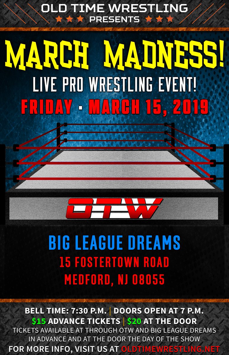 OTWupdates's tweet photo. OTW MARCH MADNESS 
OTW Heavyweight Champion Adam Chandler Vs Johnny Moran
OTW Classic Champion Ty Thomas Vs Nikos Rikos

The OTW debut of The Brothers Of Payne

Fri. March 15, 7:30pm
Big League Dreams
15 Fostertown Rd, Medford NJ

Tickets available NOW @ https://t.co/tmczXwrI8P https://t.co/tky59MBAcM