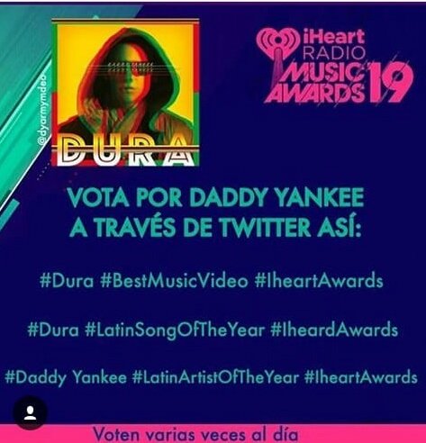 Ciinthia_Yankee's tweet photo. #Dura #LatinSongOfTheYear #iheartAwards @daddy_yankee @nevarezpr @MaynaNevarez @helgagarcia @DYMFCHonduras https://t.co/fcoou5ykwA