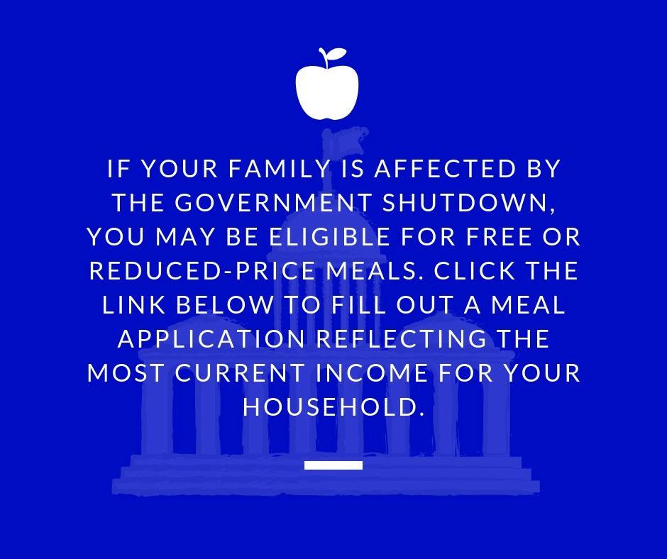 DVUSD's tweet photo. If your family is affected by the government shutdown, your child or children may be eligible for free or reduced-priced meals at schools.

Click the link below to fill out a meal application reflecting the most current income for your household.

https://t.co/MqXPtQeQoK https://t.co/HrGrke8nG6