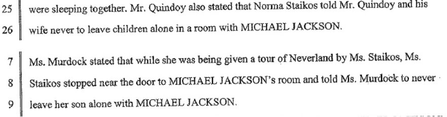 Gutierrez page 146: Estella Lemarque says that Norma warned her to kiss the Safechuck's ass because they are the ones who could "change" (hurt) Michael. Safechuck's lawsuit: it's Quindoy and Murdoch Staikos warns not to leave their kids alone with MJ.