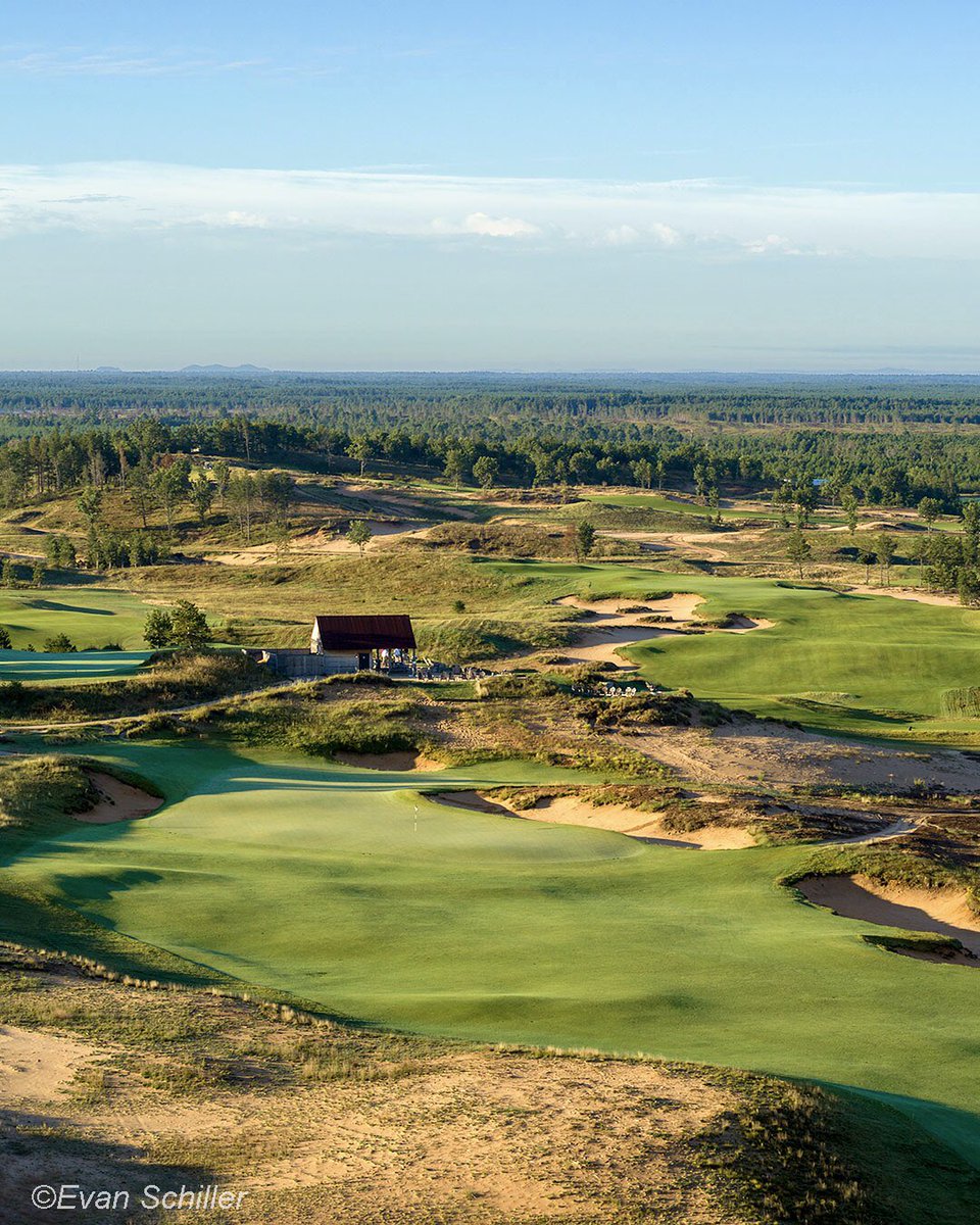 Looking down the 18th at Sand Valley with Craig’s Porch just behind the green and the 1st hole in the distance.  <a href="/Sand_Valley/">Sand Valley Golf</a> <a href="/coorecrenshaw/">coore & crenshaw</a> #sandvalleygolfresort #BestOf2018