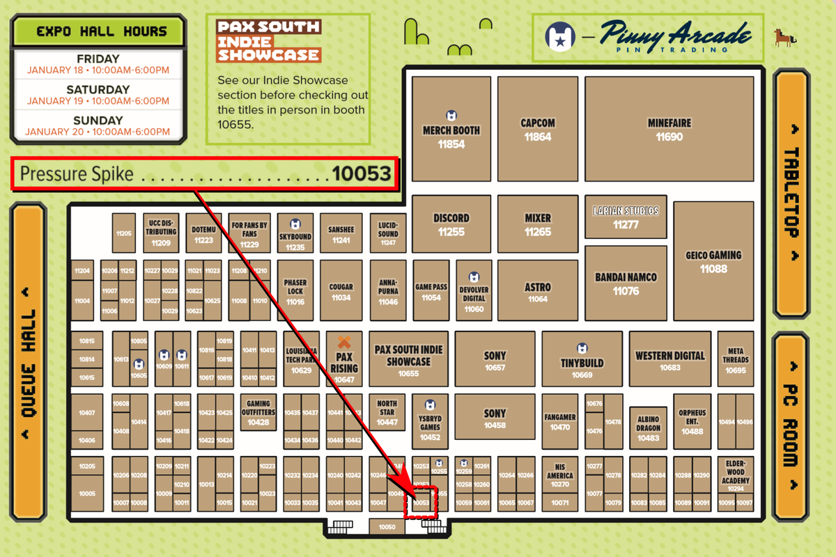 PressureSpike's tweet photo. Here's the Pressure Spike #PAXSouth location this year! Same location as last year, I think? Looking forward to seeing everyone! -M #PAXSouth2019 https://t.co/RwgulUp7ZU