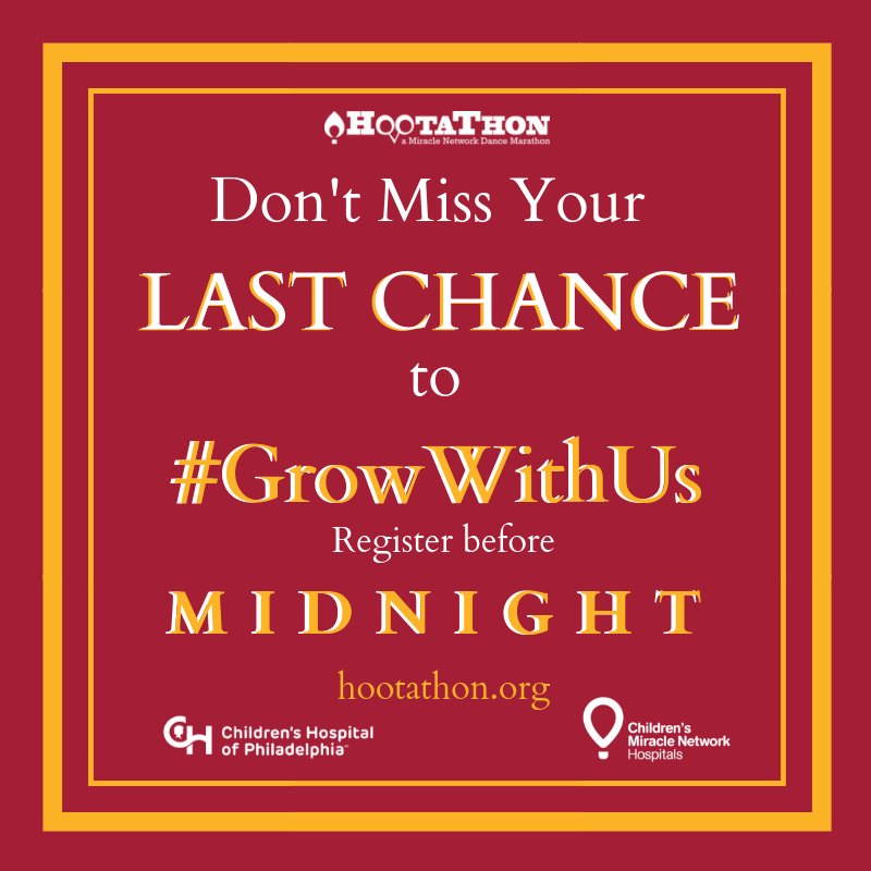 HootaThon's tweet photo. Today is your last chance! Don’t miss this opportunity to join the movement and #GrowWithUs this new year. Registration for Dance Marathon ends TONIGHT! If you know someone who has not registered, now is the time to remind them! https://t.co/9dBdWpOuGy
