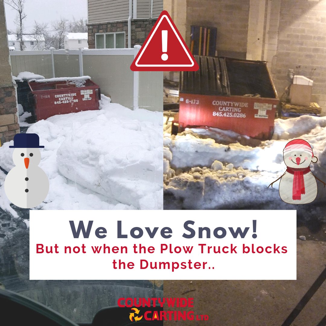 CountywideNY's tweet photo. We love snow! ⛄
But please make sure that your plow truck doesn't block your dumpster, it makes life so much harder for us garbage truck drivers. https://t.co/CtMuHQmHOD