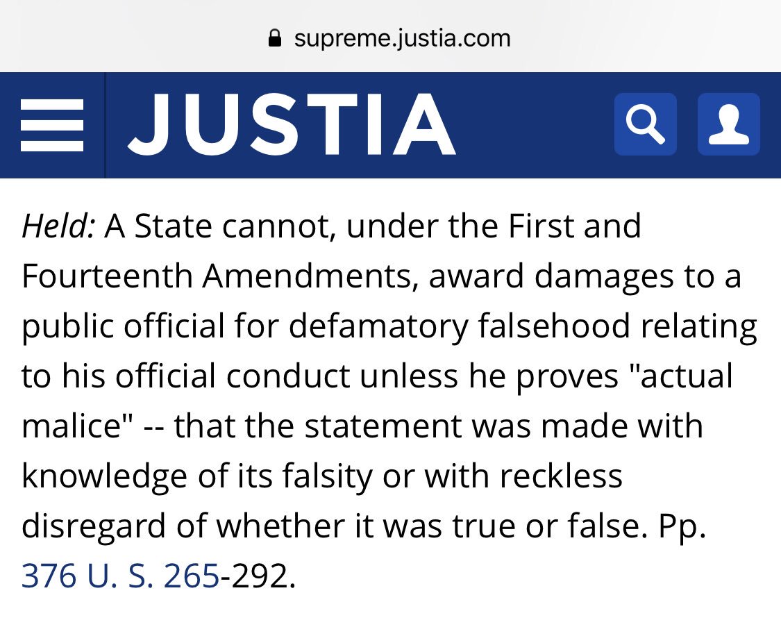 Under the actual malice standard, not only does a Plaintiff have to prove the 4 core elements (statement + falsity + publication + damages), they *also* have to prove the Defendant knew the statement was false or made it with reckless disregard for truth https://supreme.justia.com/cases/federal/us/376/254/