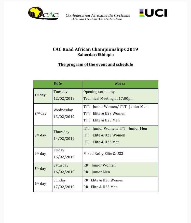 Less than a month to go until the 2019 African Continental Road Championships start in #Baherdar,Ethiopia🇪🇹!Take a look at the race schedule!#Afroroadchamps